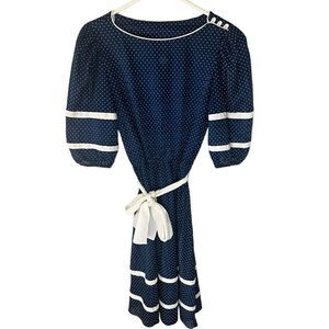 Just‎ Ducky Navy Blue Polka Dot Semi Sheer Vintage Dress Made in USA 🇺🇸
